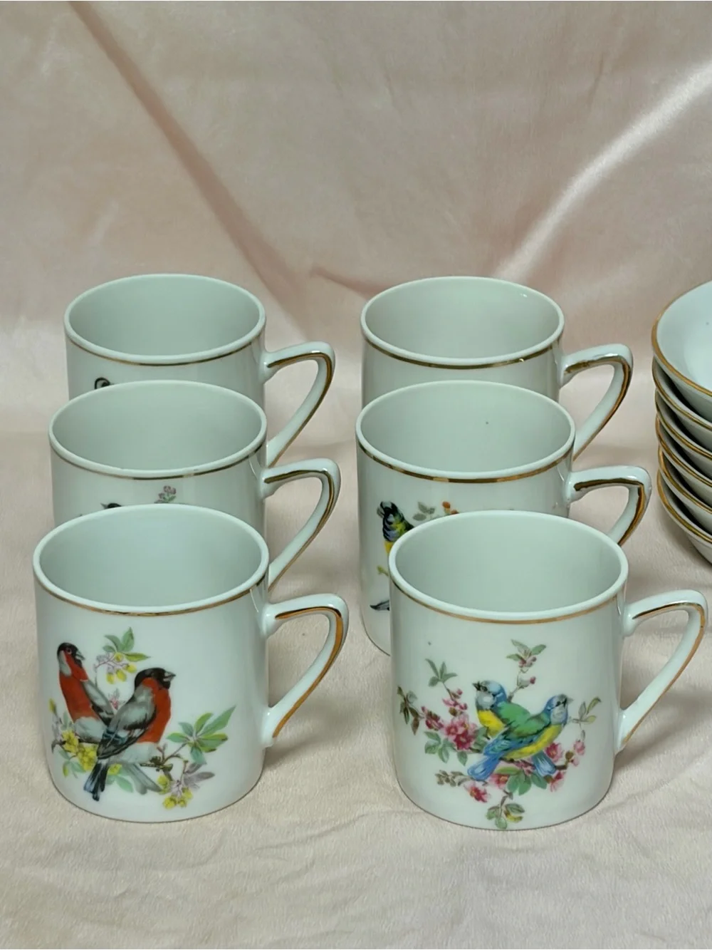 Vintage Royal Crown Japan Bird & Flower Porcelain Coffee Set for 6 Gold Trim